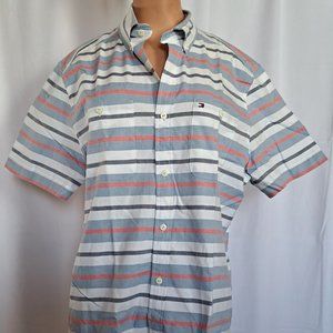 NWOT TOMMY HILFIGER MEN SHIRT Size M striped SHORT SLEEVES COLLAR BUTTON